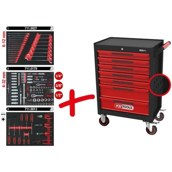 Kstools ECOline Työkaluvaunu 215-osaisella työkalusarjalla, 7 vetolaatikkoa 897.7215