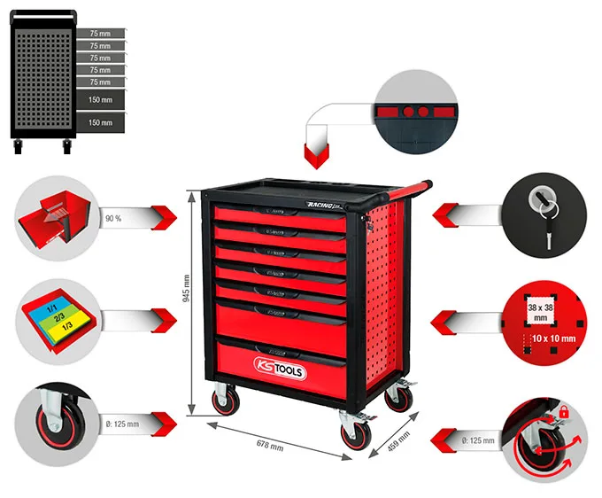 Kstools RACINGline MUSTA/PUNAINEN työkaluvaunu 7 vetolaatikolla  826.0007 - Image 2
