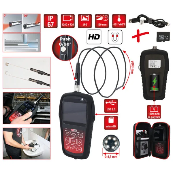 Kstools 550.7530 HD videoskooppi 4,5 mm kääntyvä kamerapää 0°+90°