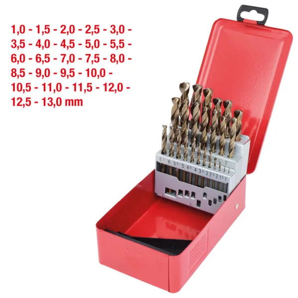 Kstools 330.3613 HSS-G CO 5 -kierreporanteräsarja, metallirasiassa, 25-os 1-13mm