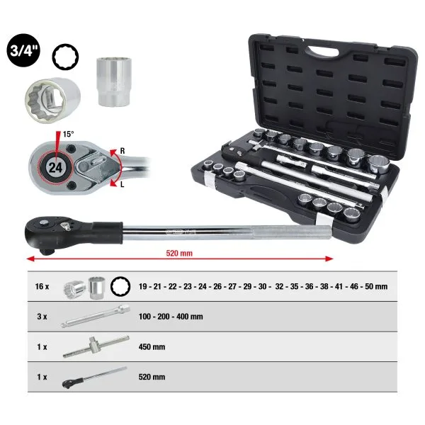 Kstools 911.0722 Hylsysarja, 3/4", 21-os, 12-kulmaiset hylsyt