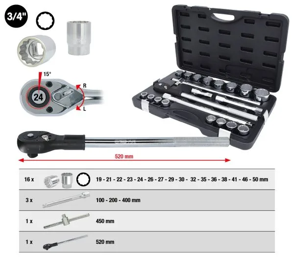 Kstools 911.0722 Hylsysarja, 3/4", 21-os, 12-kulmaiset hylsyt