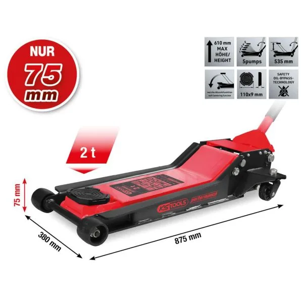 Kstools 160.1025 performance-hydraulinen hallitunkki, 2 t, matala, nostokorkeus 75–610 mm