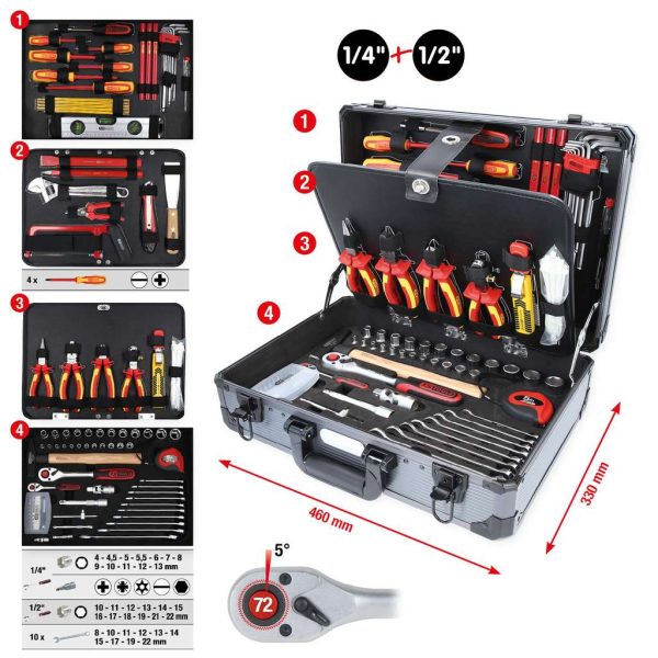 Kstools 911.0628 1/4" + 1/2" Sähköasentajan työkalulaukku, 128-os
