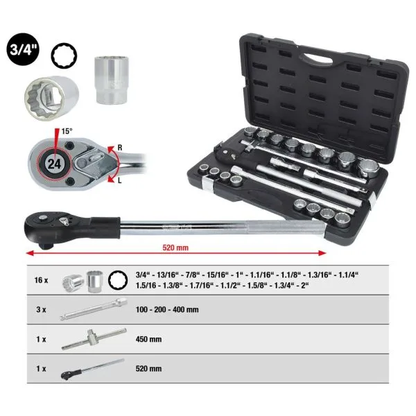 Kstools 911.0751 tuumakoon 3/4" hylsysarja 12-kulmainen