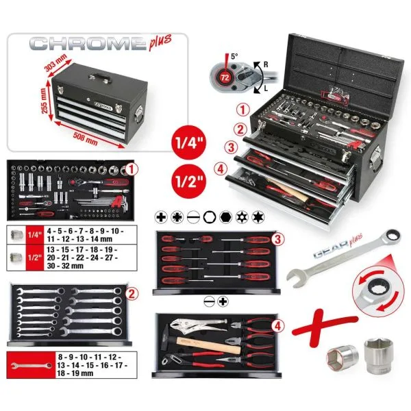 Kstools 918.0100 1/4"+1/2" CHROMEplus -yleistyökalusarja, 99-os GEAR